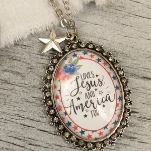 Loves Jesus and America too Patriotic Glass Oval necklace
